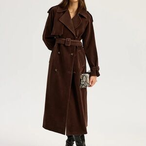 COMMENSE Belted Double-Breasted Suede Effect Long Trench Coat Women’s SIZE LARGE